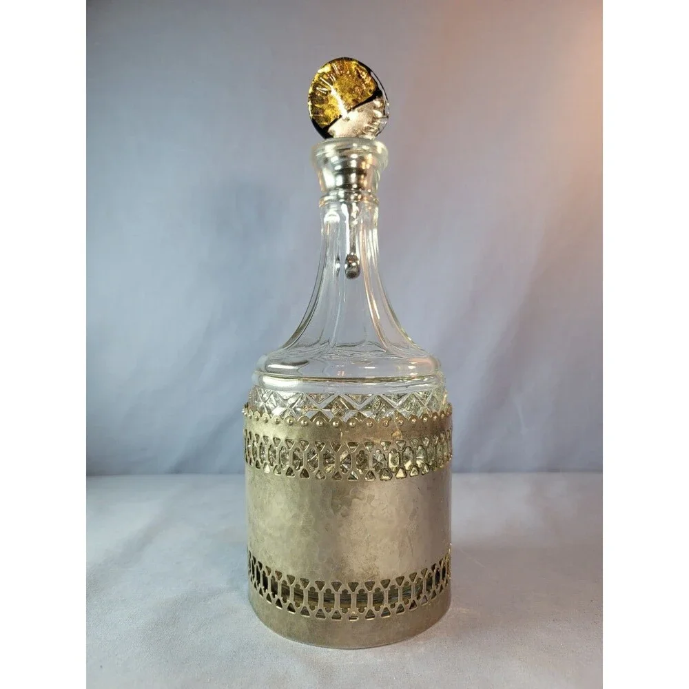 Silver Plated Caddy Bottle Hand Hammered VTG 11'' Crystal Decanter Liquor
